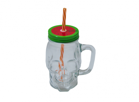 Imagen de VASO FORMA CALAVERA TRANSPARENTE C/TAPA DIFERENTES COLORES Y DISENOS