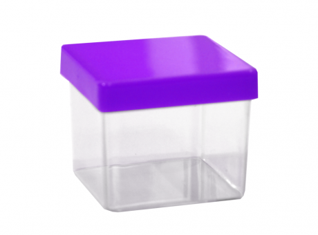 CAJITA PLASTICA CUBO (5X4,5CM) TRANSP, C/ TAPA PURPURA PAQX10