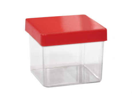 DESC CAJITA PLASTICA CUBO (5X4,5CM) TRANSP. C/TAPA ROJA