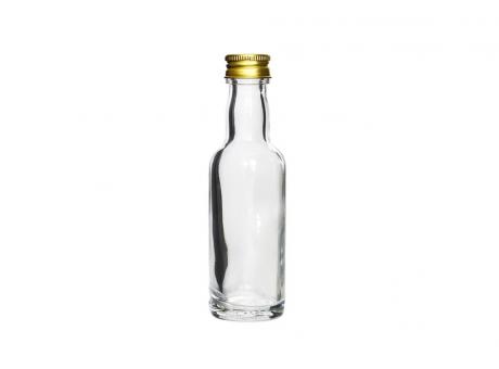 BOTELLA VIDRIO MINIATURA 60ML C/ TAPA PLATEADA/DORADA REF841