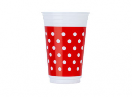 Imagen de VASO PLAST. COPOBRAS 300 ML C/ 30 UN MOTAS ROJO/ BLANCO