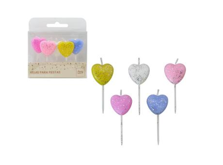 VELAS DECORATIVAS CORAZONES 5P (3X8CM) COLOR