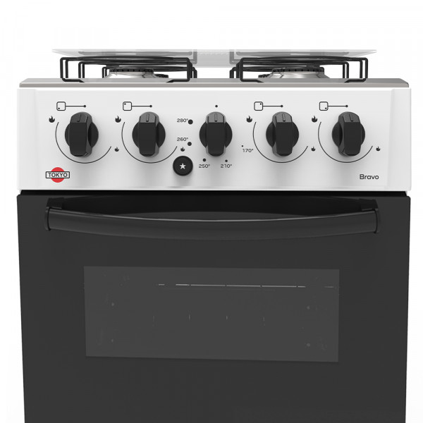 Imagen de COCINA A GAS TOKYO BRAVO BLANCO 4H MESA INOX C/ENCENDIDO TAPA DE VIDRIO HORNO LI